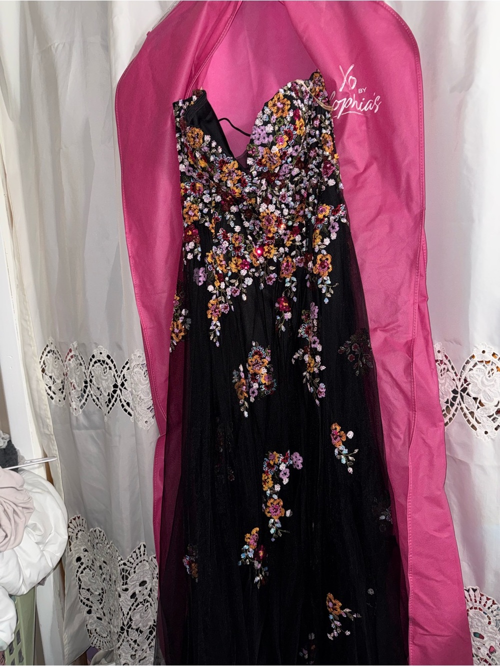 Faviana Black Floral Embroidered Prom Gown